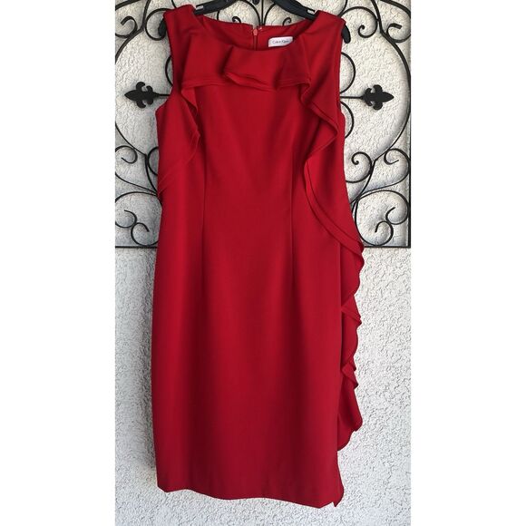 Calvin Klein Ruffled Sheath Dress - Size 4 - Red - Picture 1 of 8